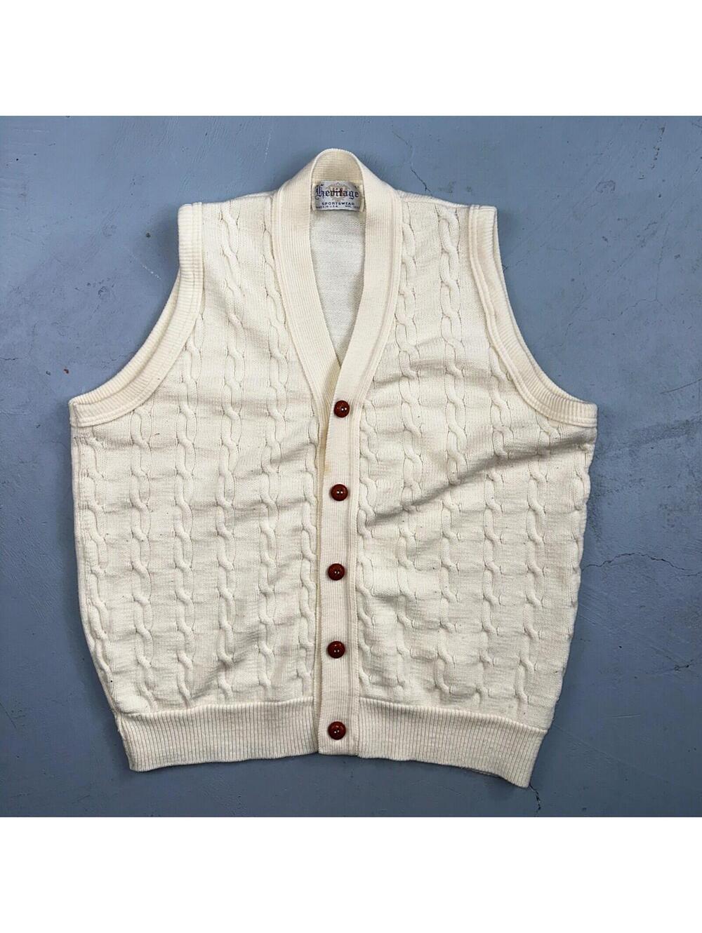 Vintage 70s Heritage Sweater Vest L Mens USA Crewneck Cream Cable Knit Fisherman